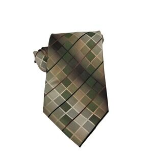 Van Heusen Mens Silk Necktie Green Tan Brown Plaid Stain Resistant Handmade Tie